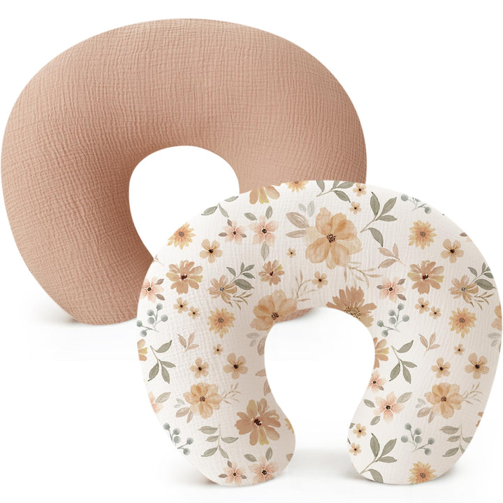 Konssy 2-Pack Muslin Nursing Pillow Covers, Floral Soft Slipcover for Baby Covers Only, 100% Cotton, Hidden Zipper, Washable, Breastfeeding Pillows Covers for Newborn Boys & Girls