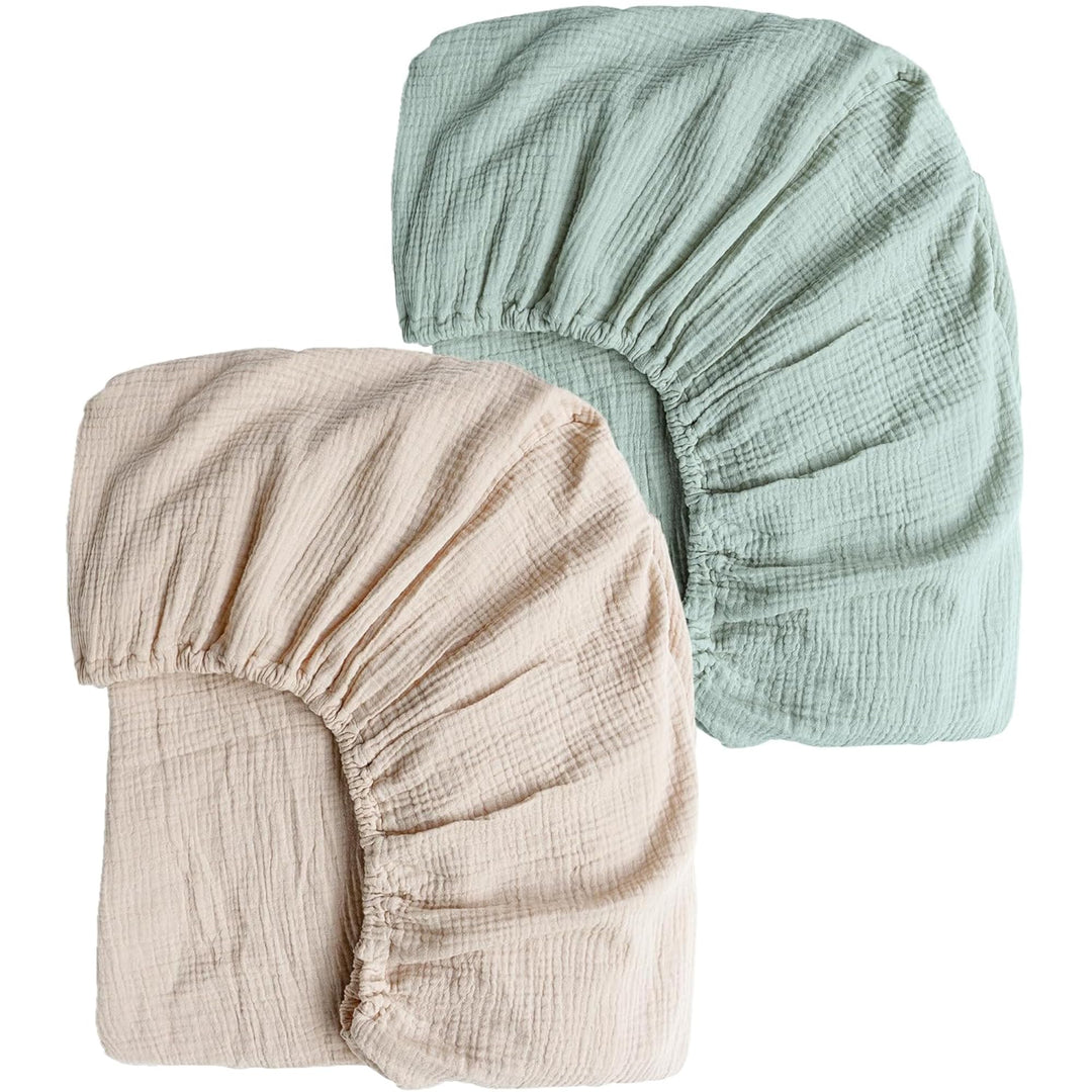 Konssy 2 Pack Muslin Crib Sheets for Standard Crib Mattress, 52" x 28" 100% Cotton, Soft & Breathable, 360° Elastic Snug Fit, Solid & Printed Designs for Baby Girls & Boys
