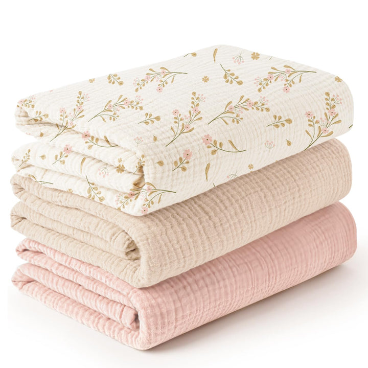 Konssy 3-Pack Muslin Baby Swaddle Blankets, 47 x 47 in Receiving Blankets Large Size, 100% Cotton, Ultra Soft & Breathable, Multi-Use Swaddles for Boys & Girls, from Newborn to Toddler