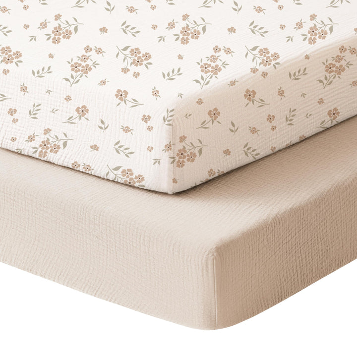Konssy 2 Pack Muslin Mini Crib Sheets, Fits Pack and Play, 38"x24" 100% Cotton, Soft & Breathable, for Naps & Playtime, Floral & Solid Designs, Machine Washable