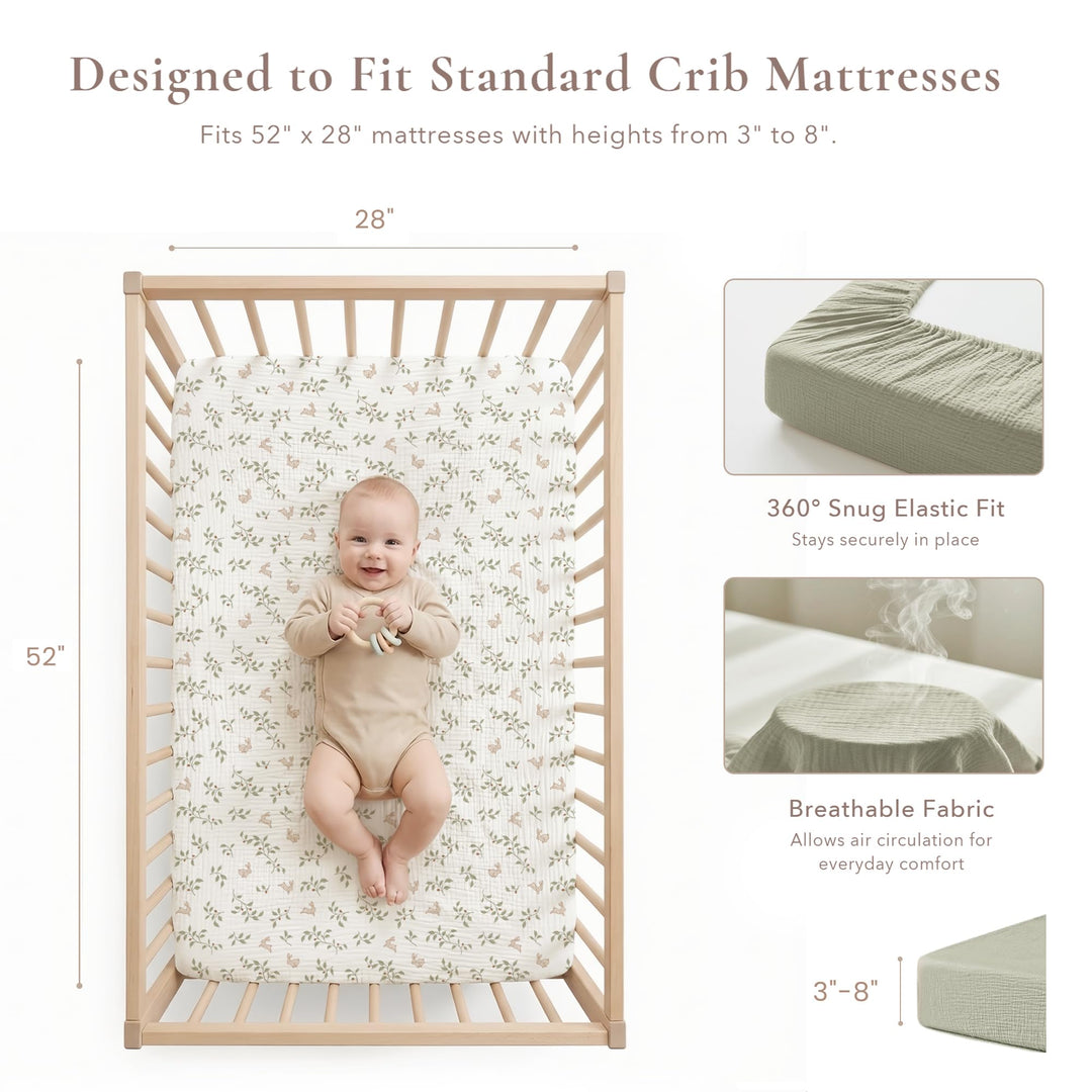 Konssy 2 Pack Muslin Crib Sheets for Standard Crib Mattress, 52" x 28" 100% Cotton, Soft & Breathable, 360° Elastic Snug Fit, Solid & Printed Designs for Baby Girls & Boys