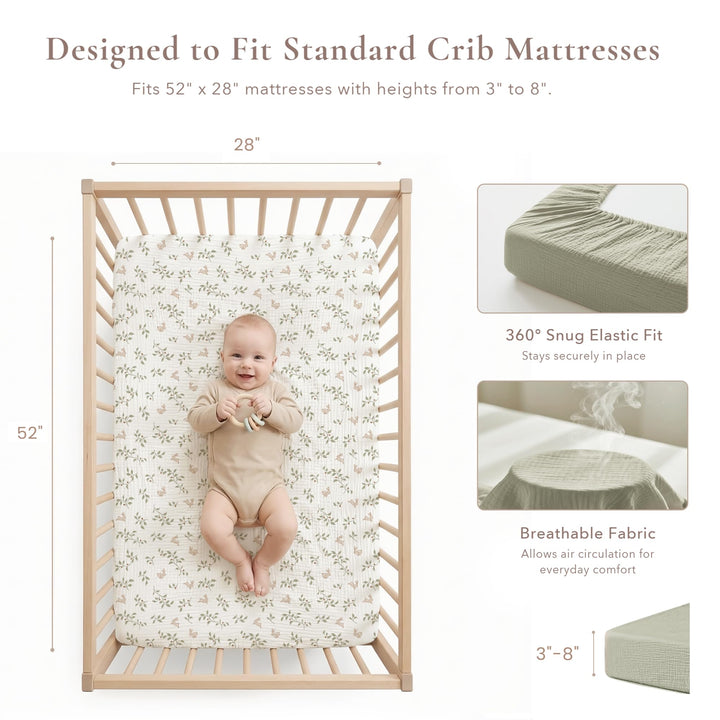 Konssy 2 Pack Muslin Crib Sheets for Standard Crib Mattress, 52" x 28" 100% Cotton, Soft & Breathable, 360° Elastic Snug Fit, Solid & Printed Designs for Baby Girls & Boys