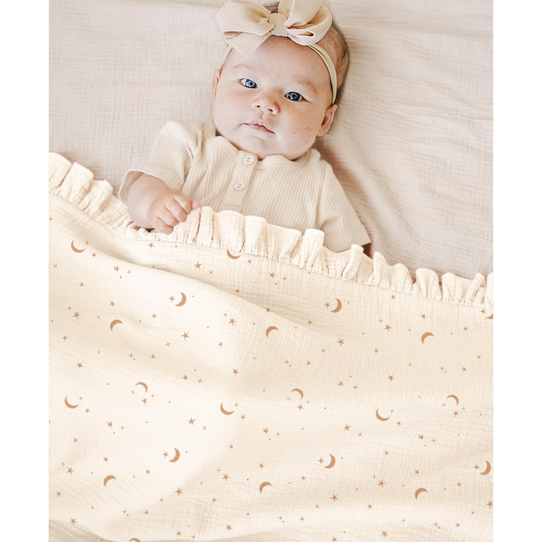 Konssy 100% Cotton Muslin Baby Blanket with Ruffle Trim for Girls, 43"x39" Reversible Design, Ultra Soft & Lightweight, for Swaddling, Crib, Stroller & Nursery Use, from Newborn to Toddler