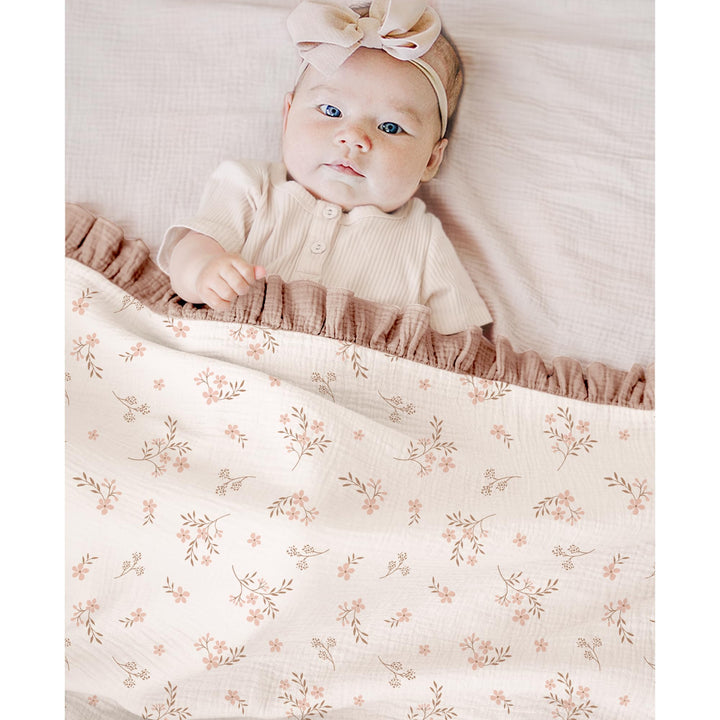 Konssy 100% Cotton Muslin Baby Blanket with Ruffle Trim for Girls, 43"x39" Reversible Design, Ultra Soft & Lightweight, for Swaddling, Crib, Stroller & Nursery Use, from Newborn to Toddler