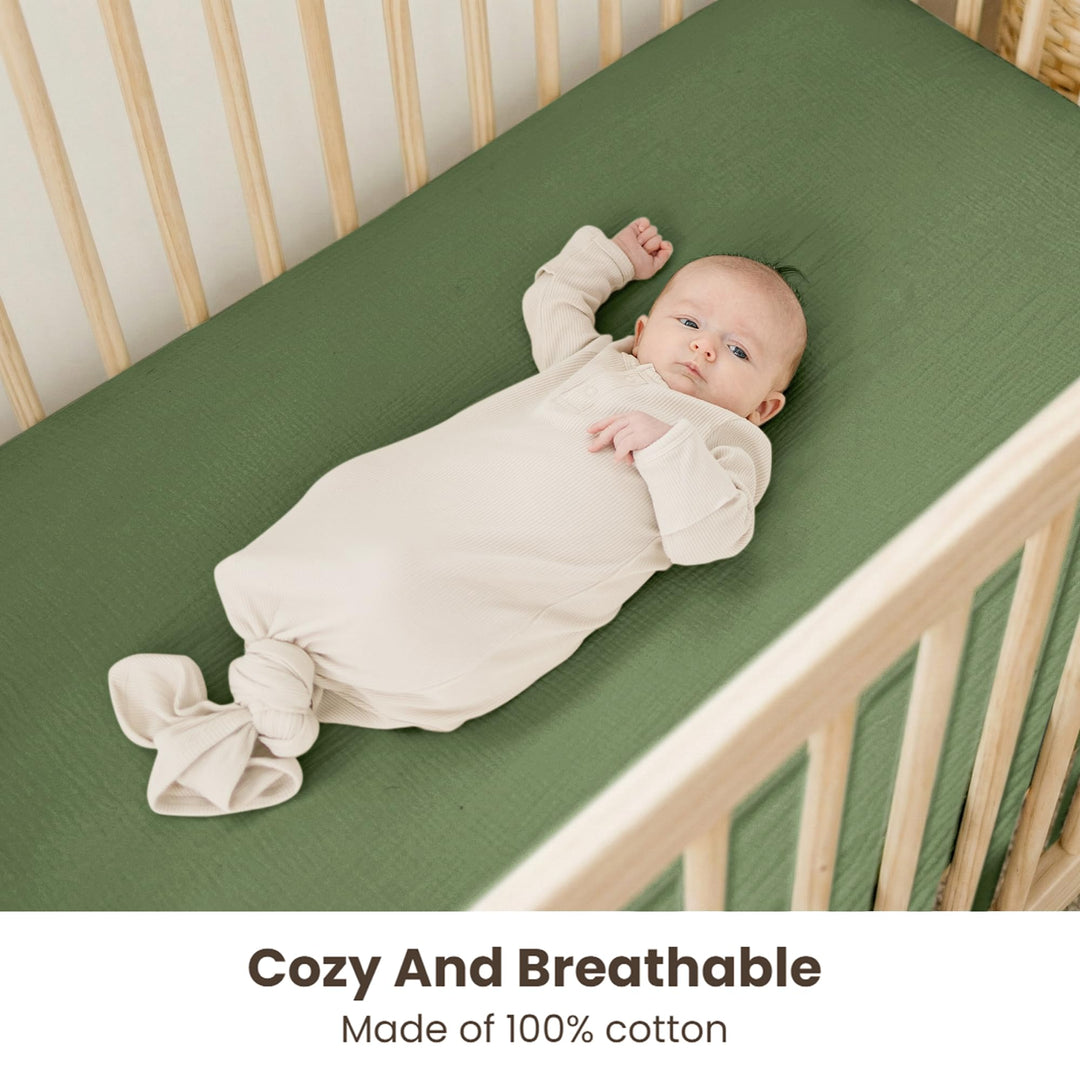 Konssy 2 Pack Muslin Crib Sheets for Baby Boys & Girls, 52" x 28" Fits Standard Crib Mattress, Premium 100% Cotton, Soft & Breathable, Neutral Design, 360° Full Elastic Fit