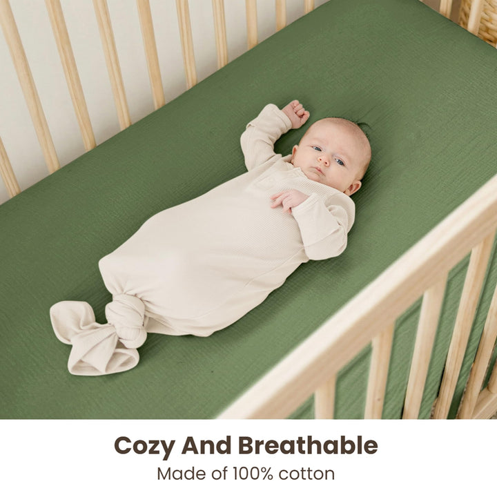 Konssy 2 Pack Muslin Crib Sheets for Baby Boys & Girls, 52" x 28" Fits Standard Crib Mattress, Premium 100% Cotton, Soft & Breathable, Neutral Design, 360° Full Elastic Fit