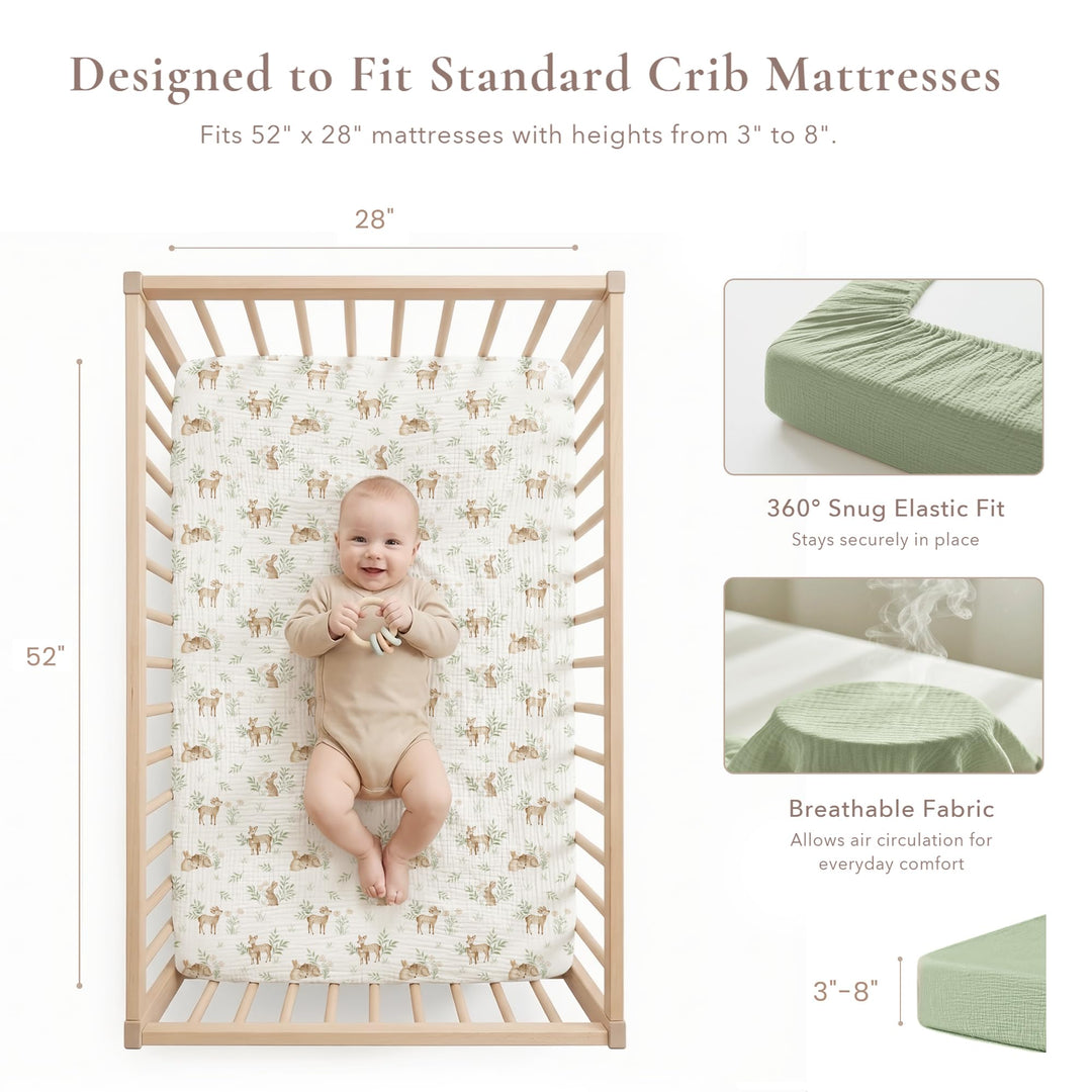 Konssy 2 Pack Muslin Crib Sheets for Standard Crib Mattress, 52" x 28" 100% Cotton, Soft & Breathable, 360° Elastic Snug Fit, Solid & Printed Designs for Baby Girls & Boys