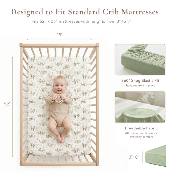 Konssy 2 Pack Muslin Crib Sheets for Standard Crib Mattress, 52" x 28" 100% Cotton, Soft & Breathable, 360° Elastic Snug Fit, Solid & Printed Designs for Baby Girls & Boys