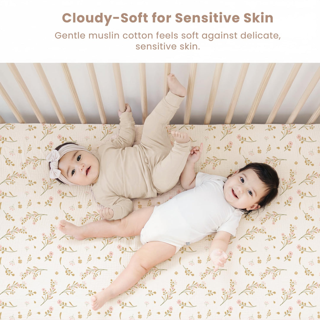 Konssy 2 Pack Muslin Crib Sheets for Standard Crib Mattress, 52" x 28" 100% Cotton, Soft & Breathable, 360° Elastic Snug Fit, Solid & Printed Designs for Baby Girls & Boys