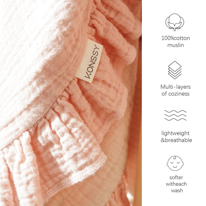 Konssy 100% Cotton Muslin Baby Blanket with Ruffle Trim for Girls, 43"x39" Reversible Design, Ultra Soft & Lightweight, for Swaddling, Crib, Stroller & Nursery Use, from Newborn to Toddler