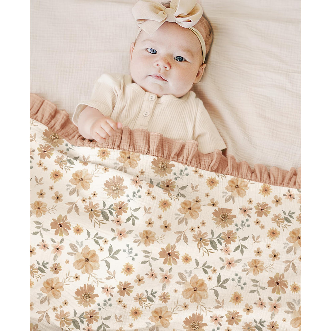 Konssy 100% Cotton Muslin Baby Blanket with Ruffle Trim for Girls, 43"x39" Reversible Design, Ultra Soft & Lightweight, for Swaddling, Crib, Stroller & Nursery Use, from Newborn to Toddler