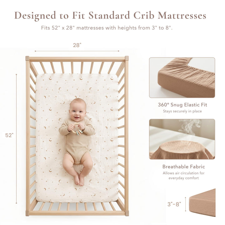 Konssy 2 Pack Muslin Crib Sheets for Standard Crib Mattress, 52" x 28" 100% Cotton, Soft & Breathable, 360° Elastic Snug Fit, Solid & Printed Designs for Baby Girls & Boys
