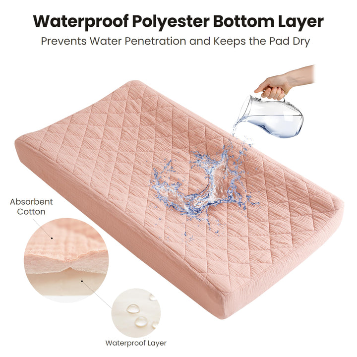 Konssy 2 Pack Quilted Muslin Changing Pad Cover, Waterproof Layer, 32"x16" 100% Cotton Surface, Absorbent & Soft, Fitted Changing Table Sheets, Full Elastic Fit, for Baby Girls & Boys