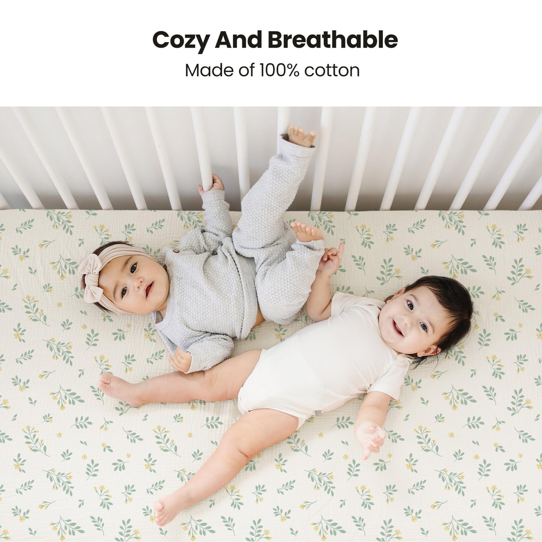 Konssy 2 Pack Muslin Crib Sheets for Baby Boys & Girls, 52" x 28" Fits Standard Crib Mattress, Premium 100% Cotton, Soft & Breathable, Neutral Design, 360° Full Elastic Fit