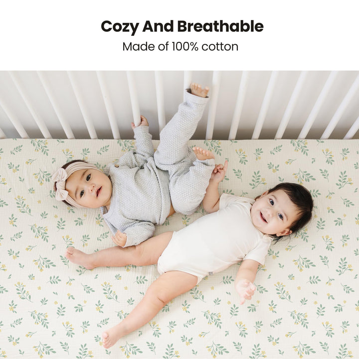 Konssy 2 Pack Muslin Crib Sheets for Baby Boys & Girls, 52" x 28" Fits Standard Crib Mattress, Premium 100% Cotton, Soft & Breathable, Neutral Design, 360° Full Elastic Fit