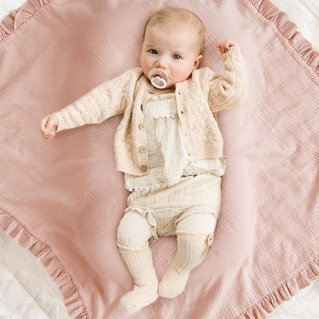 Konssy 100% Cotton Muslin Baby Blanket with Ruffle Trim for Girls, 43"x39" Reversible Design, Ultra Soft & Lightweight, for Swaddling, Crib, Stroller & Nursery Use, from Newborn to Toddler
