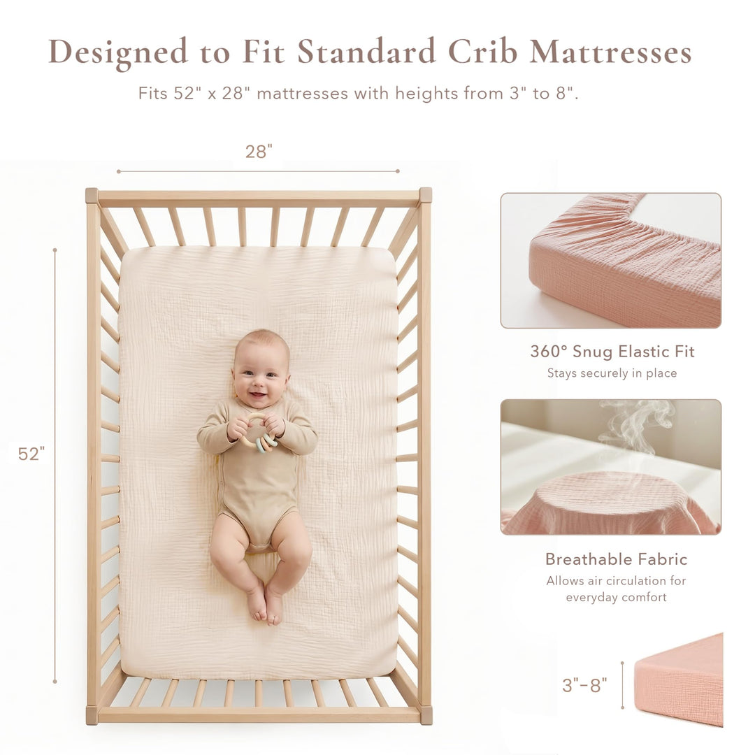 Konssy 2 Pack Muslin Crib Sheets for Standard Crib Mattress, 52" x 28" 100% Cotton, Soft & Breathable, 360° Elastic Snug Fit, Solid & Printed Designs for Baby Girls & Boys