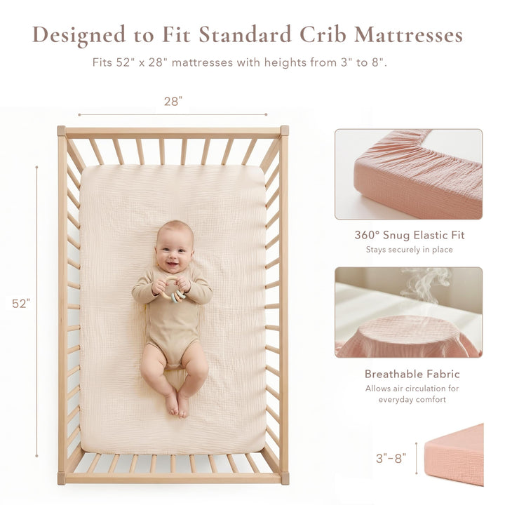 Konssy 2 Pack Muslin Crib Sheets for Standard Crib Mattress, 52" x 28" 100% Cotton, Soft & Breathable, 360° Elastic Snug Fit, Solid & Printed Designs for Baby Girls & Boys