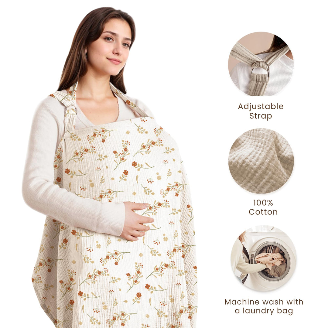 Konssy Muslin Nursing Cover Up for Breastfeeding with Rigid Hoop 100% Cotton Nursing Apron, Lightweight & Breathable, Carseat Canopy, Breast Feeding Covers for Women