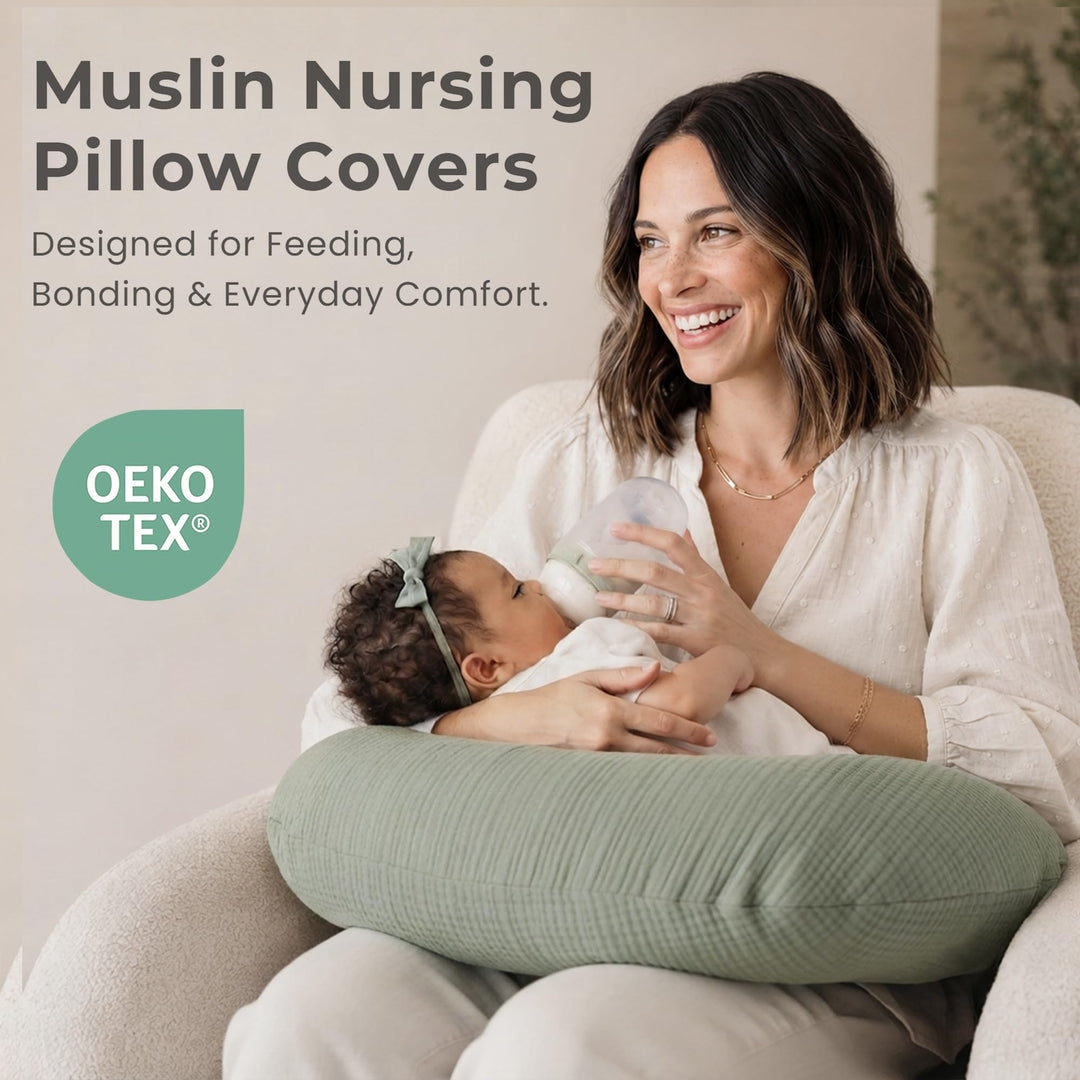 Konssy 2-Pack 100% Cotton Muslin Nursing Pillow Covers, Soft Cover for Baby Covers Only, Breastfeeding Pillows Slipcovers for Baby Boys & Girls, Hidden Zipper, Machine Washable,