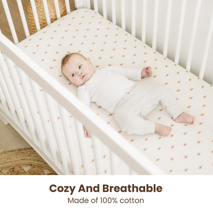 Konssy 2 Pack Muslin Crib Sheets for Baby Boys & Girls, 52" x 28" Fits Standard Crib Mattress, Premium 100% Cotton, Soft & Breathable, Neutral Design, 360° Full Elastic Fit