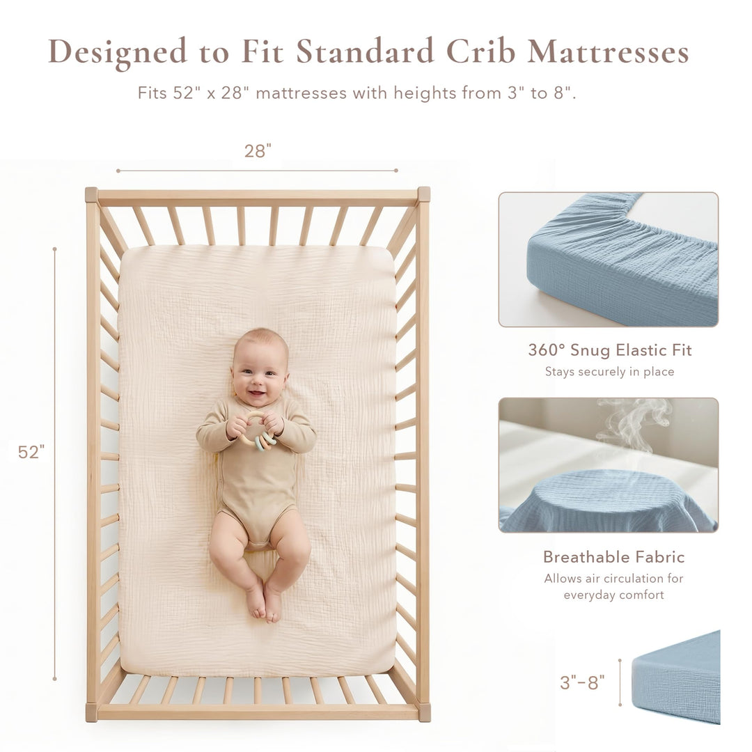 Konssy 2 Pack Muslin Crib Sheets for Standard Crib Mattress, 52" x 28" 100% Cotton, Soft & Breathable, 360° Elastic Snug Fit, Solid & Printed Designs for Baby Girls & Boys