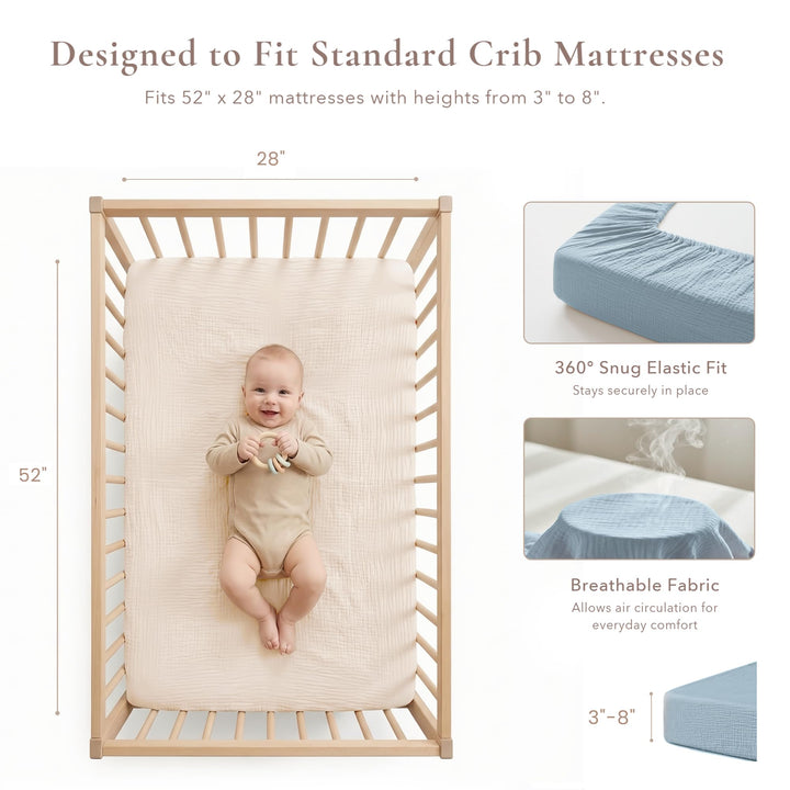 Konssy 2 Pack Muslin Crib Sheets for Standard Crib Mattress, 52" x 28" 100% Cotton, Soft & Breathable, 360° Elastic Snug Fit, Solid & Printed Designs for Baby Girls & Boys