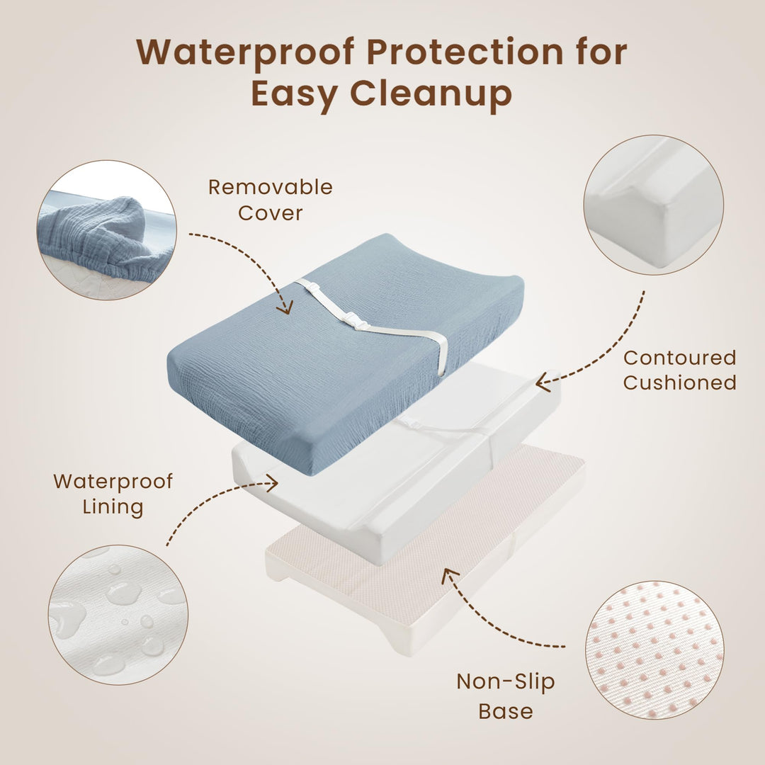 Konssy Baby Changing Pad Set with Waterproof Lining & 2 Pack Muslin Covers Soft Foam Support, Contoured Sides, Non-Slip Base & Safety Belt, Diaper Changing Pad for Dresser, 32" x 16"