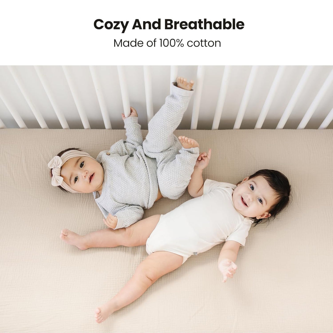 Konssy 2 Pack Muslin Crib Sheets for Baby Boys & Girls, 52" x 28" Fits Standard Crib Mattress, Premium 100% Cotton, Soft & Breathable, Neutral Design, 360° Full Elastic Fit
