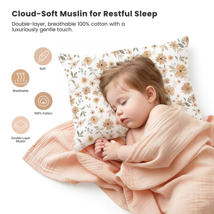 Konssy 2 Pack Muslin Toddler Pillowcases, Soft Baby Pillow Cases, 13"x18" 100% Cotton, Soft & Breathable, Envelope Closure, Floral & Solid, for Baby Boys & Girls, Naps & Travel