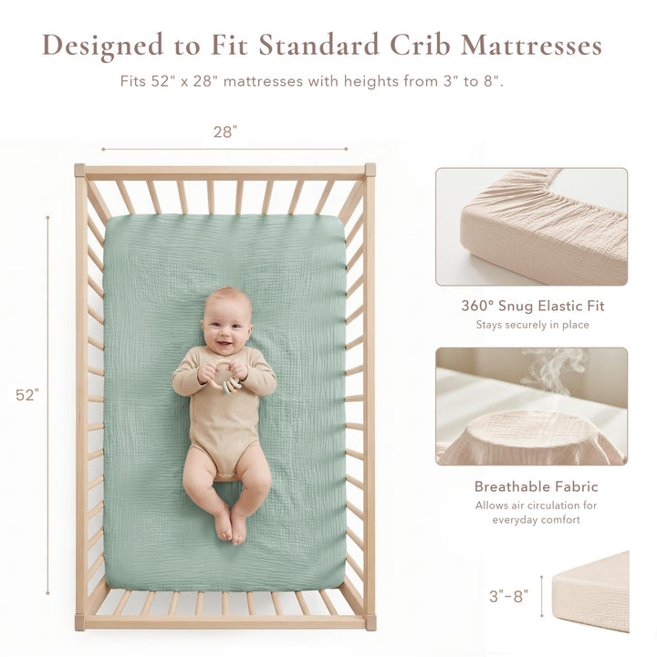 Konssy 2 Pack Muslin Crib Sheets for Standard Crib Mattress, 52" x 28" 100% Cotton, Soft & Breathable, 360° Elastic Snug Fit, Solid & Printed Designs for Baby Girls & Boys