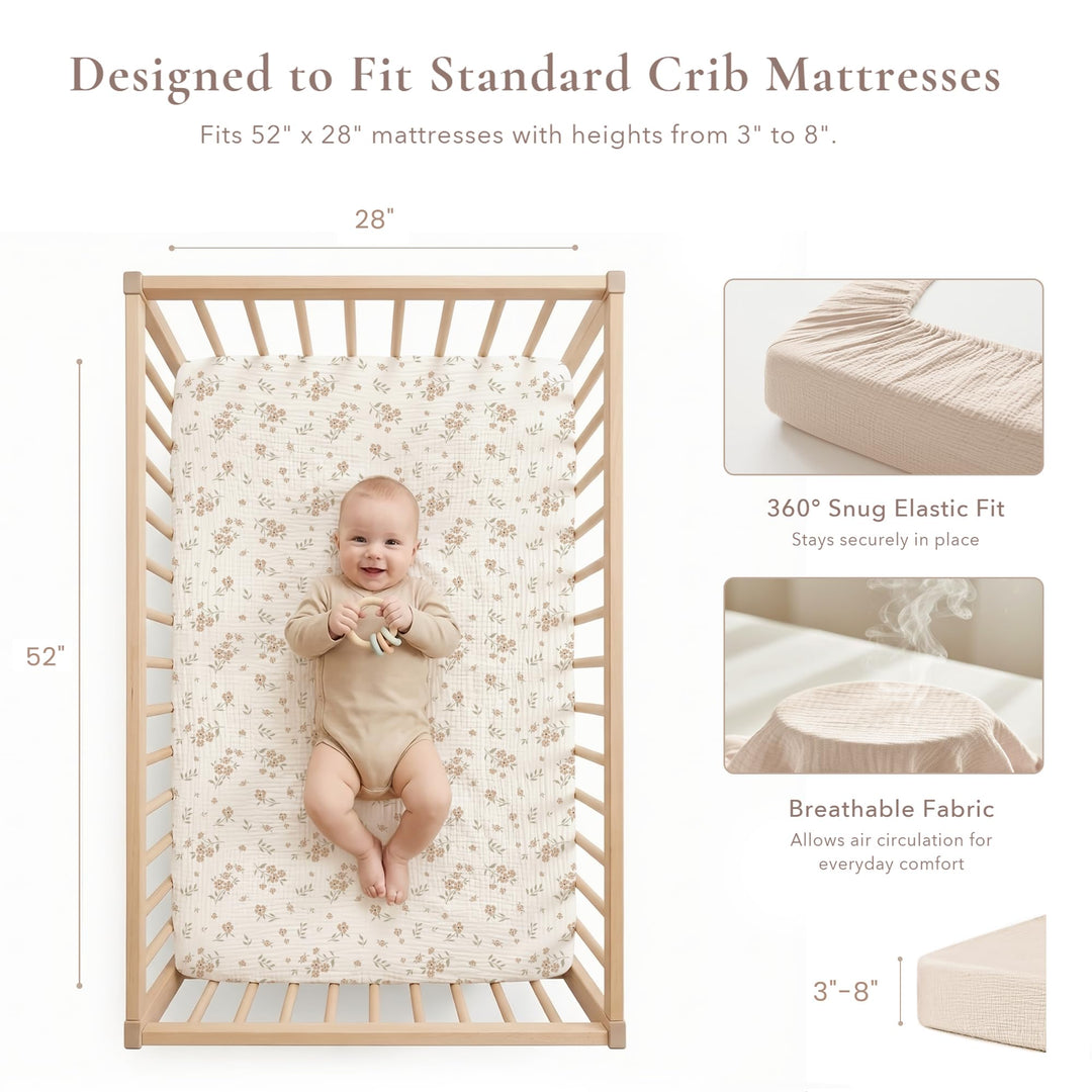 Konssy 2 Pack Muslin Crib Sheets for Standard Crib Mattress, 52" x 28" 100% Cotton, Soft & Breathable, 360° Elastic Snug Fit, Solid & Printed Designs for Baby Girls & Boys