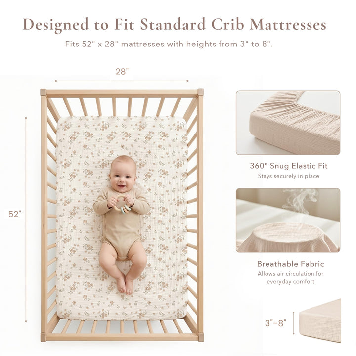 Konssy 2 Pack Muslin Crib Sheets for Standard Crib Mattress, 52" x 28" 100% Cotton, Soft & Breathable, 360° Elastic Snug Fit, Solid & Printed Designs for Baby Girls & Boys