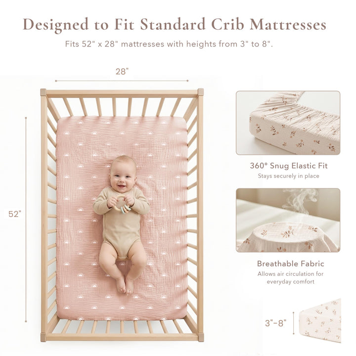 Konssy 2 Pack Muslin Crib Sheets for Standard Crib Mattress, 52" x 28" 100% Cotton, Soft & Breathable, 360° Elastic Snug Fit, Solid & Printed Designs for Baby Girls & Boys