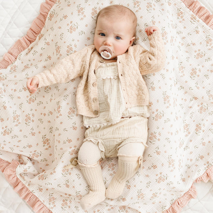 Konssy 100% Cotton Muslin Baby Blanket with Ruffle Trim for Girls, 43"x39" Reversible Design, Ultra Soft & Lightweight, for Swaddling, Crib, Stroller & Nursery Use, from Newborn to Toddler