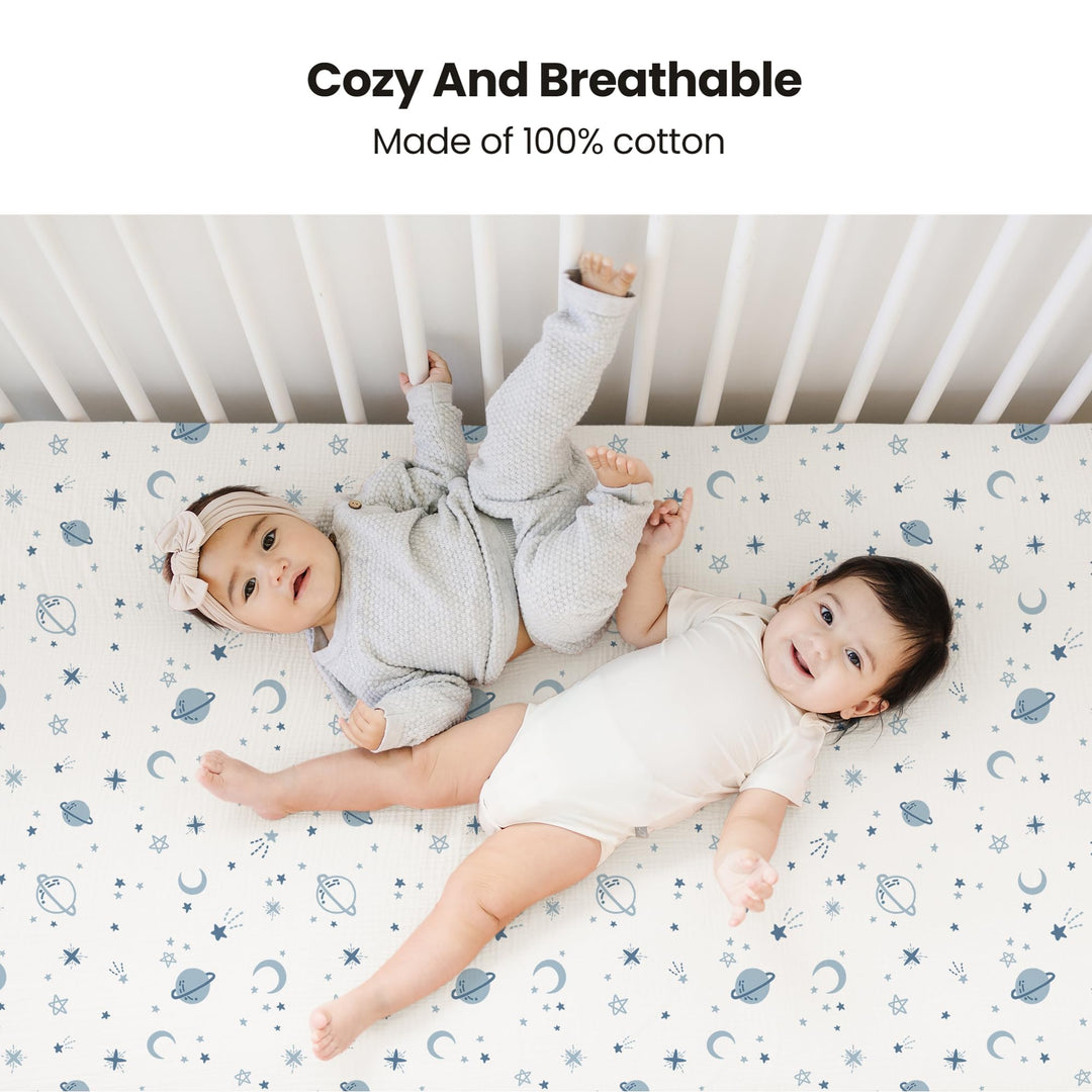 Konssy 2 Pack Muslin Crib Sheets for Baby Boys & Girls, 52" x 28" Fits Standard Crib Mattress, Premium 100% Cotton, Soft & Breathable, Neutral Design, 360° Full Elastic Fit