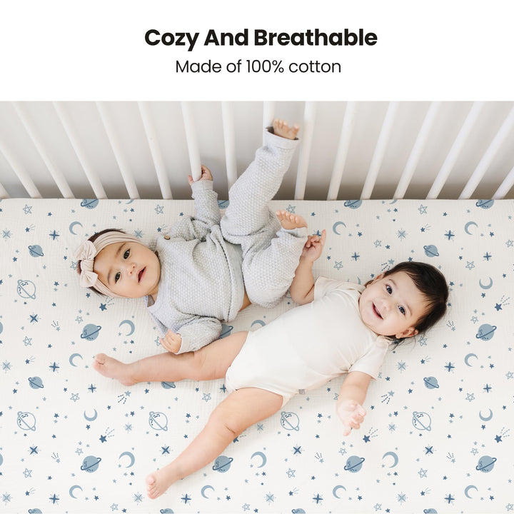Konssy 2 Pack Muslin Crib Sheets for Baby Boys & Girls, 52" x 28" Fits Standard Crib Mattress, Premium 100% Cotton, Soft & Breathable, Neutral Design, 360° Full Elastic Fit