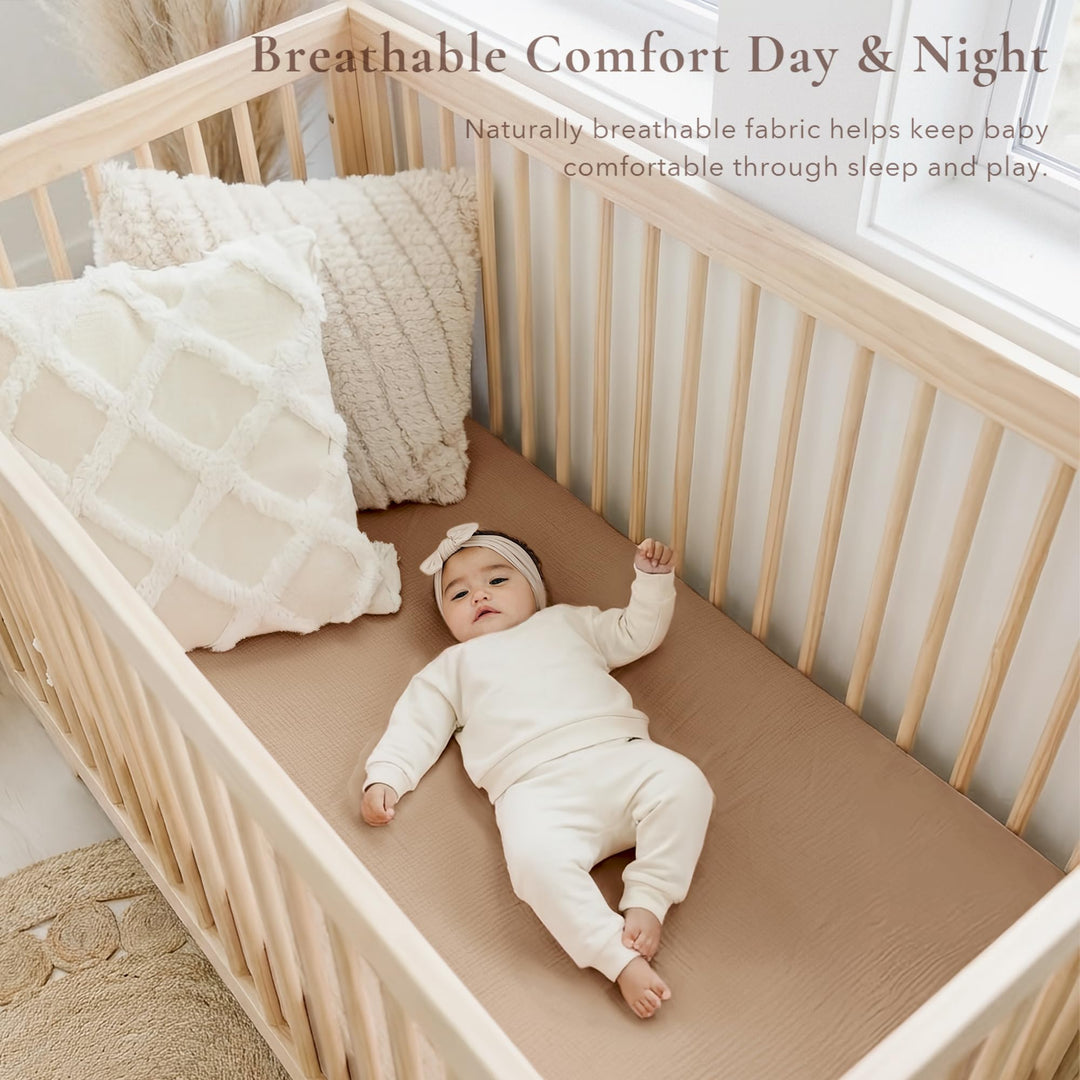 Konssy 2 Pack Muslin Crib Sheets for Standard Crib Mattress, 52" x 28" 100% Cotton, Soft & Breathable, 360° Elastic Snug Fit, Solid & Printed Designs for Baby Girls & Boys