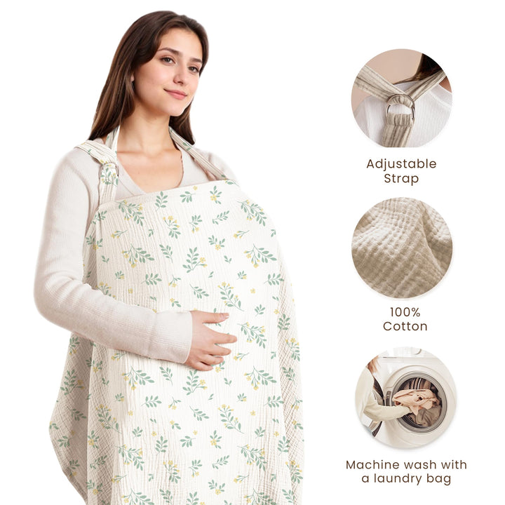 Konssy Muslin Nursing Cover Up for Breastfeeding with Rigid Hoop 100% Cotton Nursing Apron, Lightweight & Breathable, Carseat Canopy, Breast Feeding Covers for Women