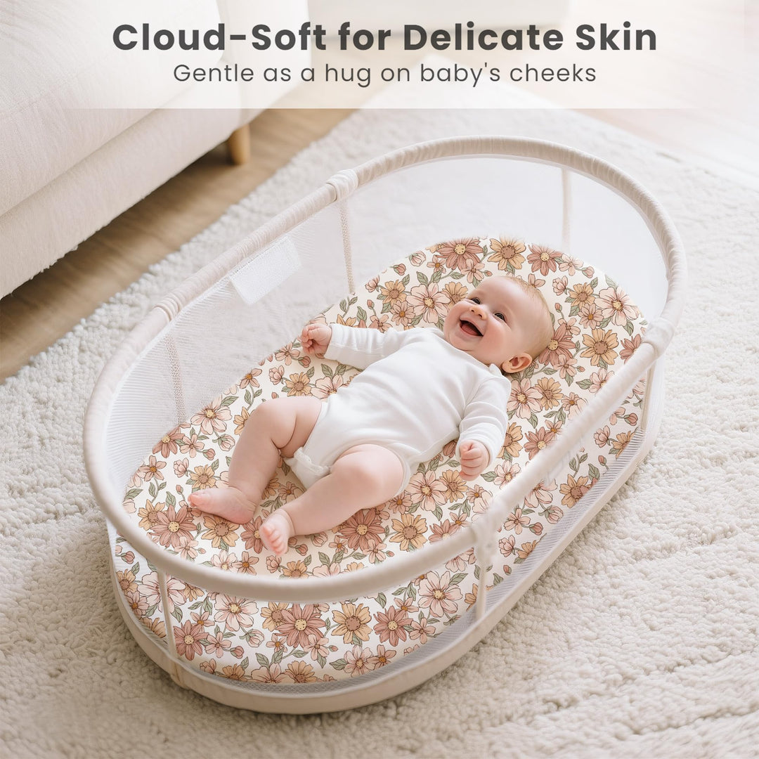 Konssy 3 Pack Stretchy Bassinet Sheets for Baby Girls and Boys, 32"x16" Silky-Soft & Breathable, Bassinet Mattress Sheet, Compatible with Halo Bassinest Swivel Sleeper, Graco, Snoo