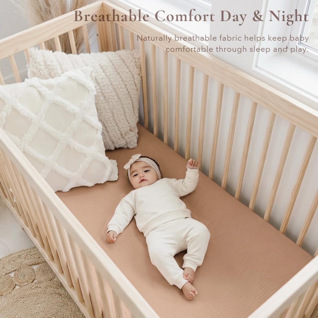 Konssy 2 Pack Muslin Crib Sheets for Standard Crib Mattress, 52" x 28" 100% Cotton, Soft & Breathable, 360° Elastic Snug Fit, Solid & Printed Designs for Baby Girls & Boys