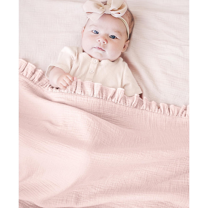 Konssy 100% Cotton Muslin Baby Blanket with Ruffle Trim for Girls, 43"x39" Reversible Design, Ultra Soft & Lightweight, for Swaddling, Crib, Stroller & Nursery Use, from Newborn to Toddler
