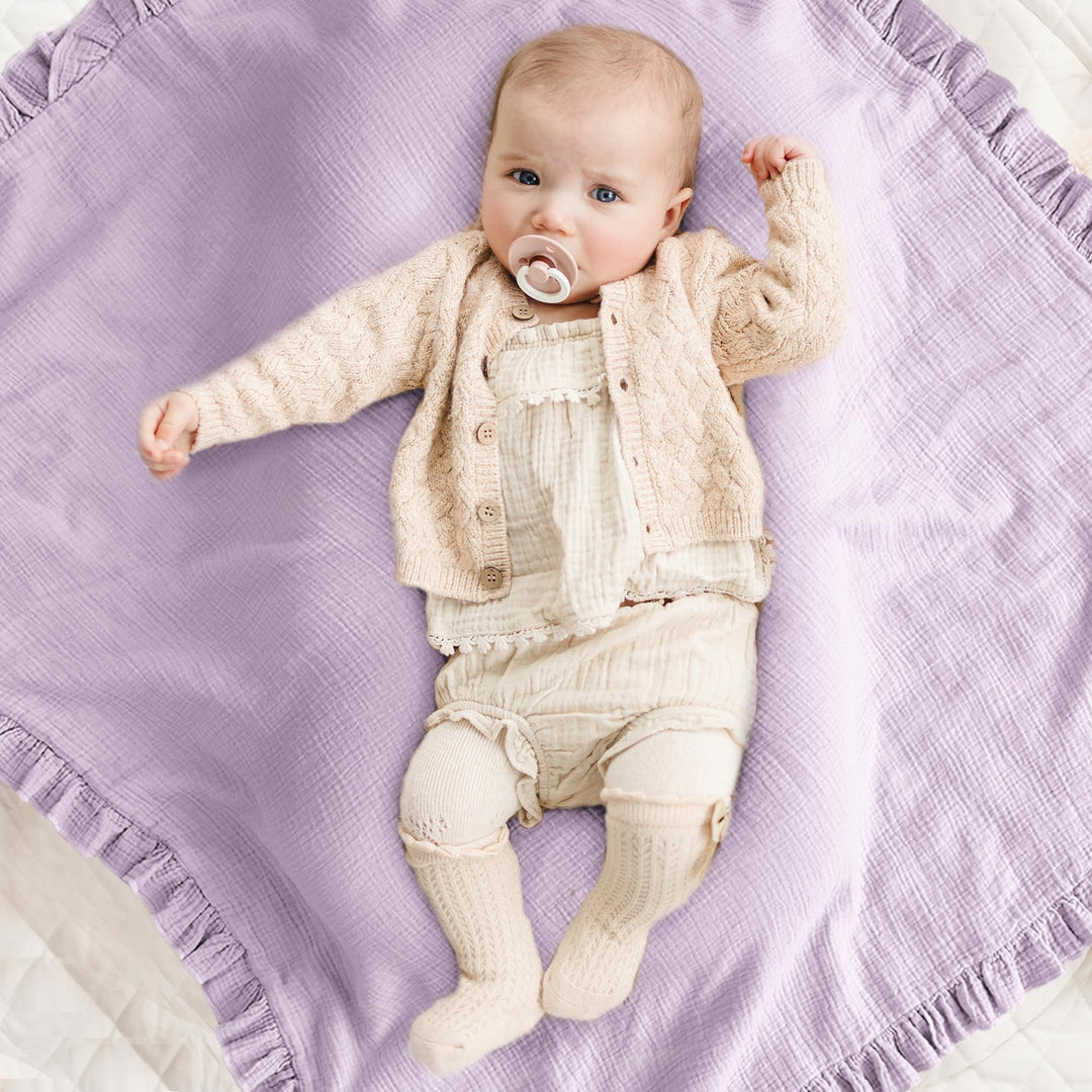 Konssy 100% Cotton Muslin Baby Blanket with Ruffle Trim for Girls, 43"x39" Reversible Design, Ultra Soft & Lightweight, for Swaddling, Crib, Stroller & Nursery Use, from Newborn to Toddler