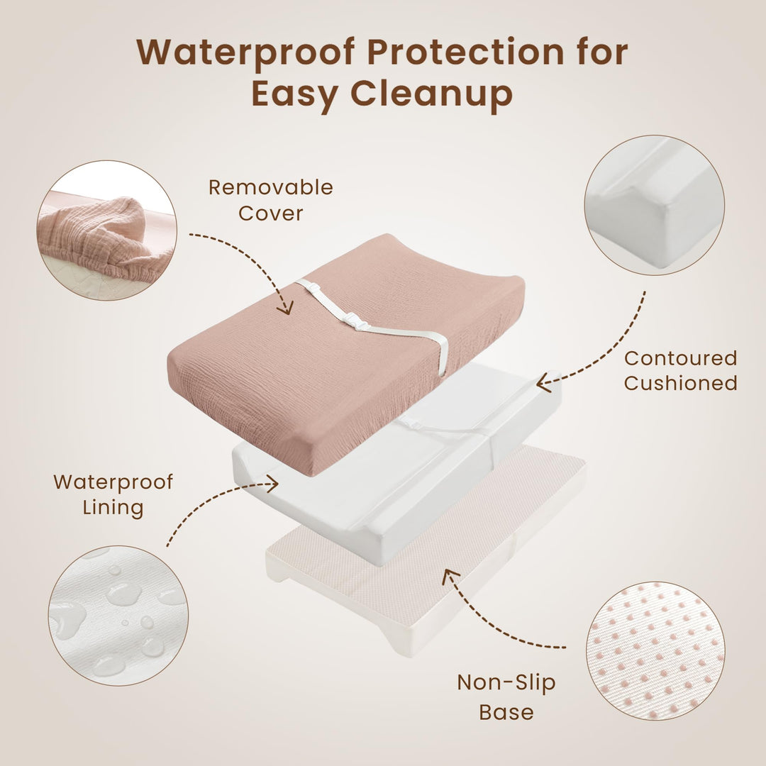 Konssy Baby Changing Pad Set with Waterproof Lining & 2 Pack Muslin Covers Soft Foam Support, Contoured Sides, Non-Slip Base & Safety Belt, Diaper Changing Pad for Dresser, 32" x 16"