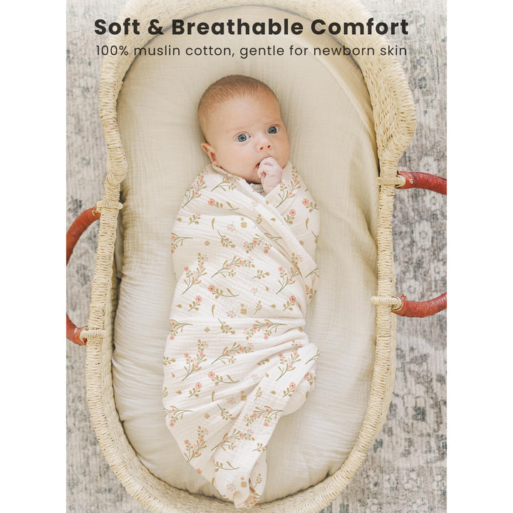 Konssy 3-Pack Muslin Baby Swaddle Blankets, 47 x 47 in Receiving Blankets Large Size, 100% Cotton, Ultra Soft & Breathable, Multi-Use Swaddles for Boys & Girls, from Newborn to Toddler