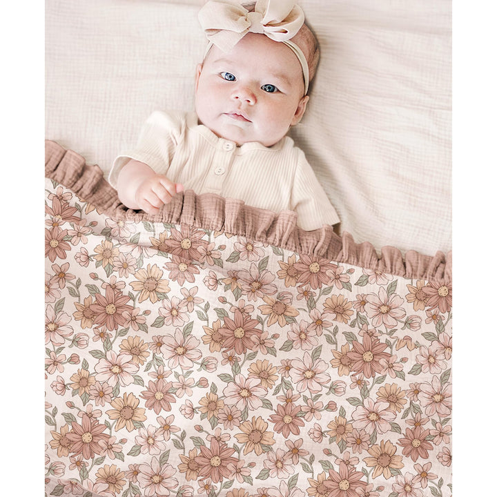 Konssy 100% Cotton Muslin Baby Blanket with Ruffle Trim for Girls, 43"x39" Reversible Design, Ultra Soft & Lightweight, for Swaddling, Crib, Stroller & Nursery Use, from Newborn to Toddler