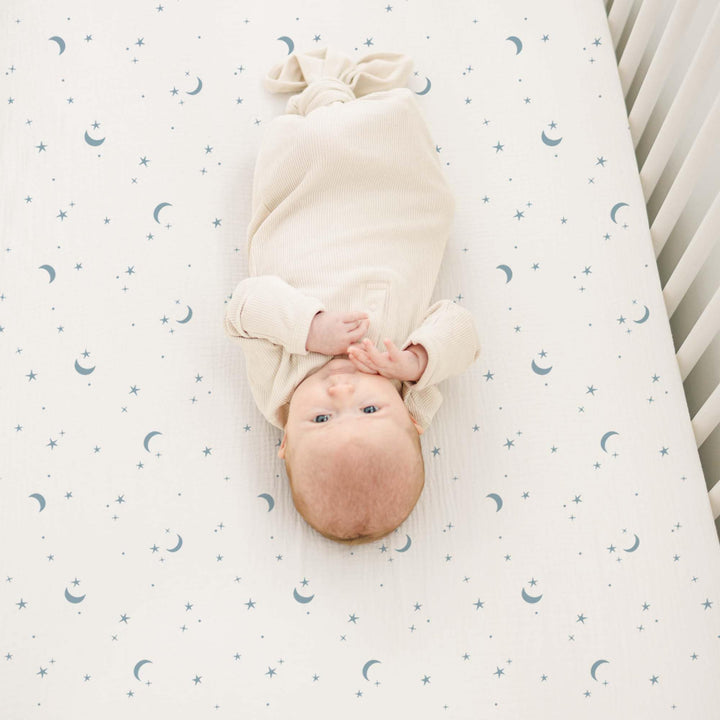 Konssy 2 Pack Muslin Crib Sheets for Baby Boys & Girls, 52" x 28" Fits Standard Crib Mattress, Premium 100% Cotton, Soft & Breathable, Neutral Design, 360° Full Elastic Fit