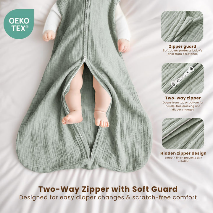 Konssy Muslin Baby Sleep Sack 6-12 Months, 0.8 TOG Baby Wearable Blanket 2 Pack, Two-Way Zipper, 100% Cotton, Soft & Breathable Sleeping Sack, Infants and Toddlers Nursery Essentials