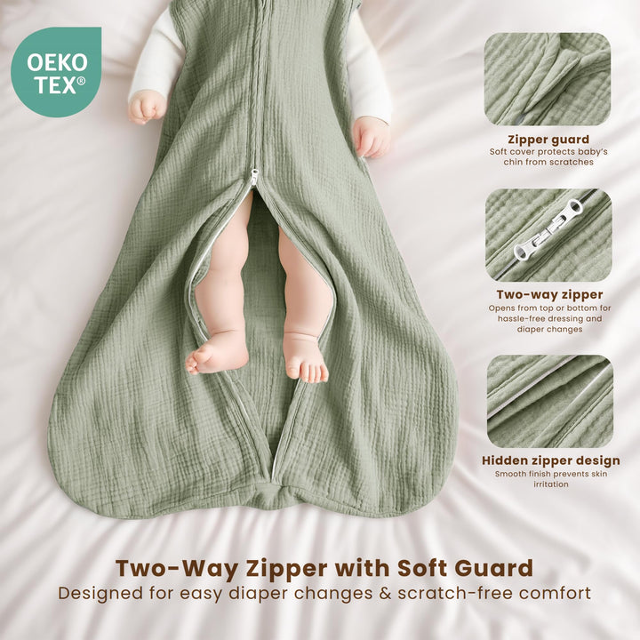 Konssy Muslin Baby Sleep Sack 0-6 Months, 0.8 TOG Baby Wearable Blanket 2 Pack, Two-Way Zipper, 100% Cotton, Soft & Breathable Sleeping Sack, Infants and Toddlers Nursery Essentials
