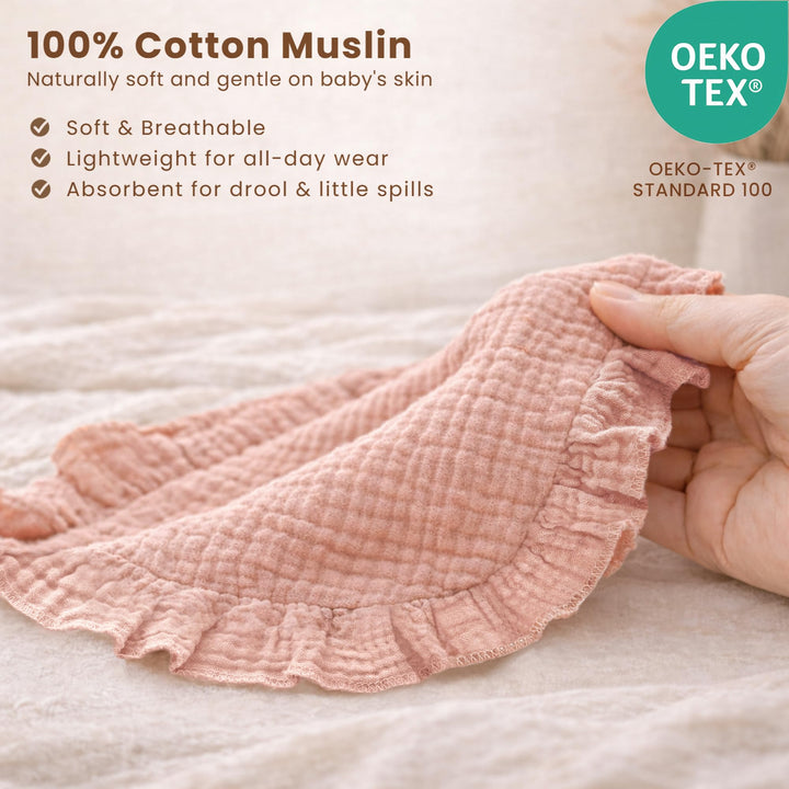 Konssy 3-Pack Muslin Baby Girl Bibs, 100% Cotton with Ruffle Trim Ultra Soft & Absorbent, Baby Essentials for Drooling and Teething, for Newborn, Infant & Toddler 0-36 Months